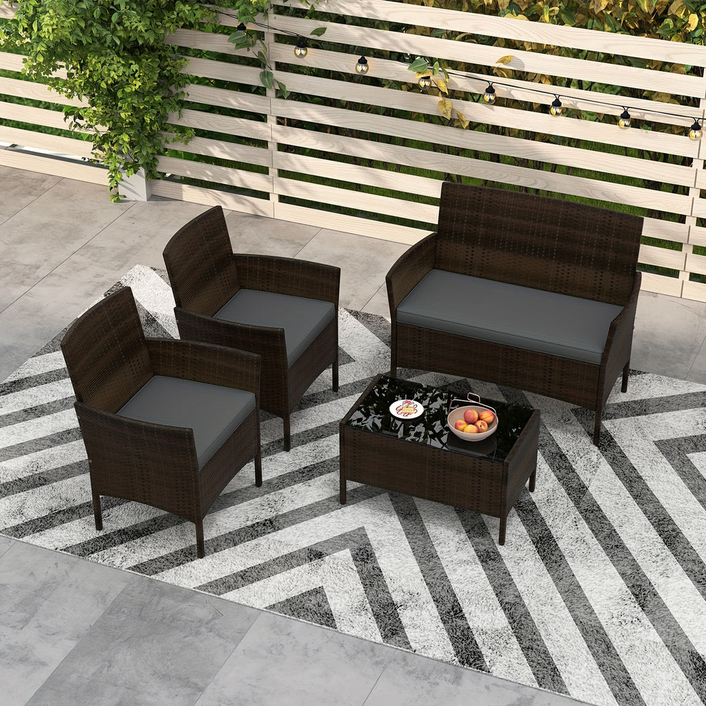 4pcs Patio Furniture Set w/Washable Cushions and Tempered Glass Coffee Table