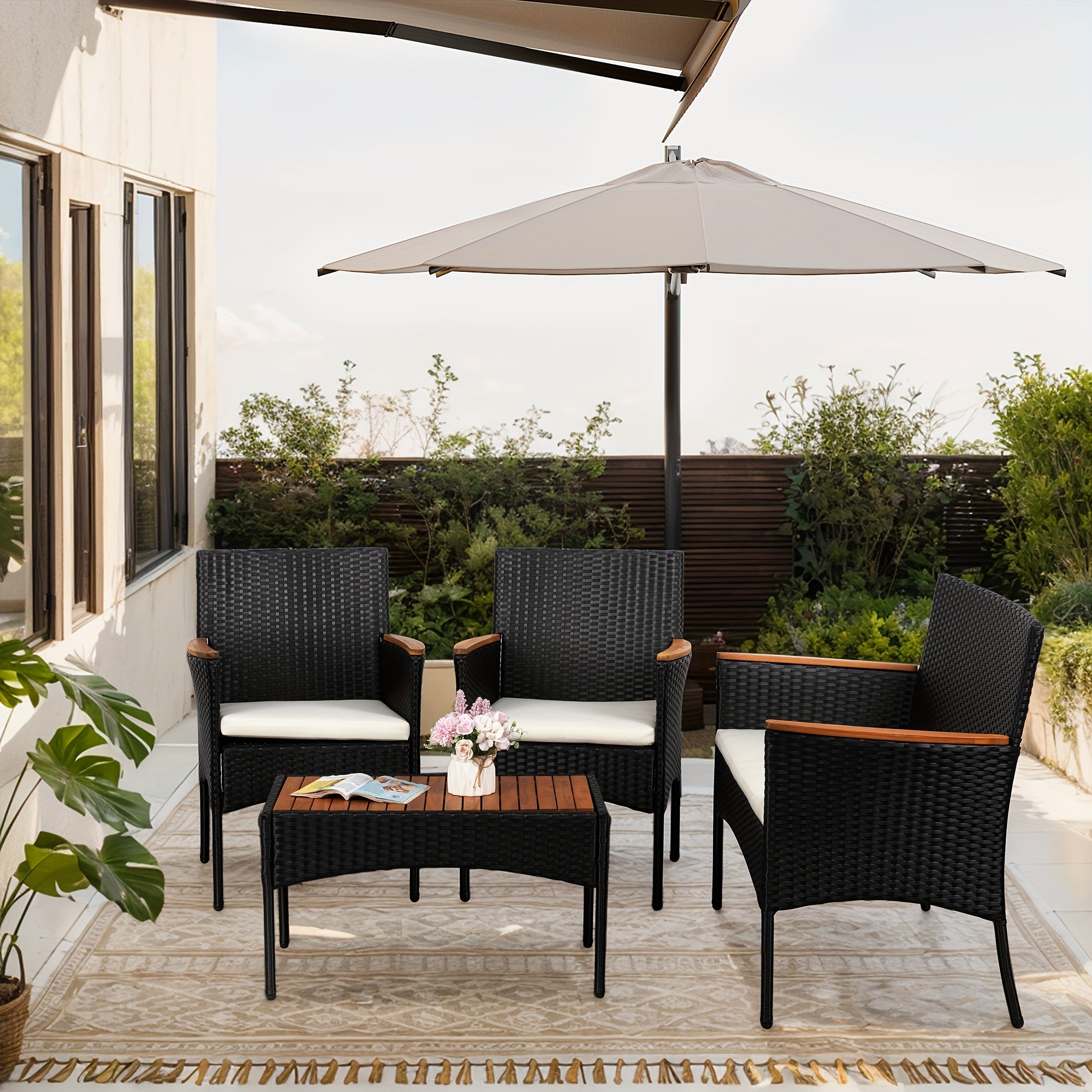 Celebalcony 4pcs Patio Furniture Set, Outdoor Wicker Patio Conversation Furniture Set with Cushion