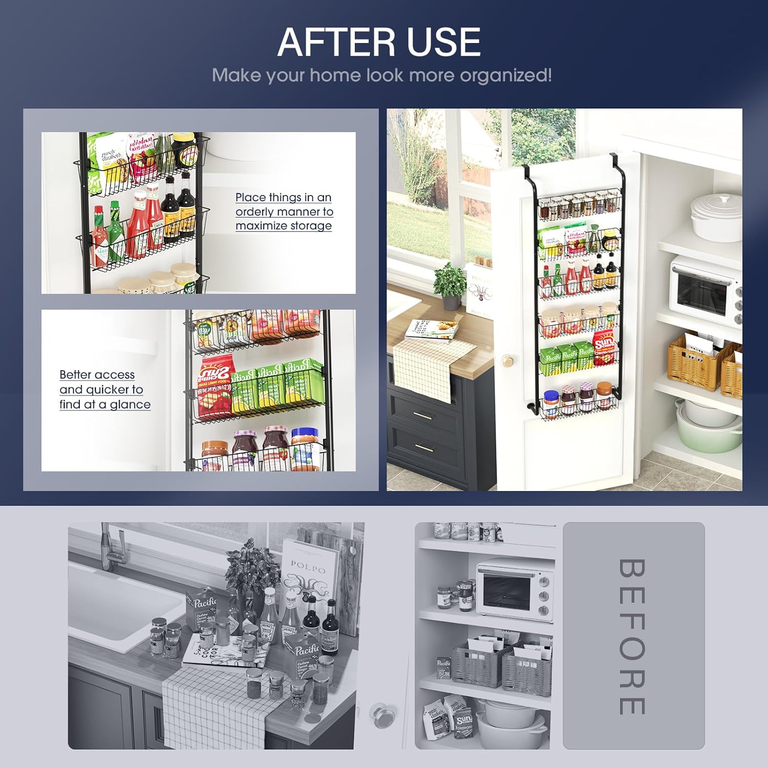 8-Tier & 6-Tier Over-the-Door Pantry Organizer - Versatile Black Metal Hanging Storage Rack for Kitchen, Laundry, Bathroom - Space-Saving Design with Clear Seamless Tape, Scratch-Proof Stickers, Pantry Organization | Versatil