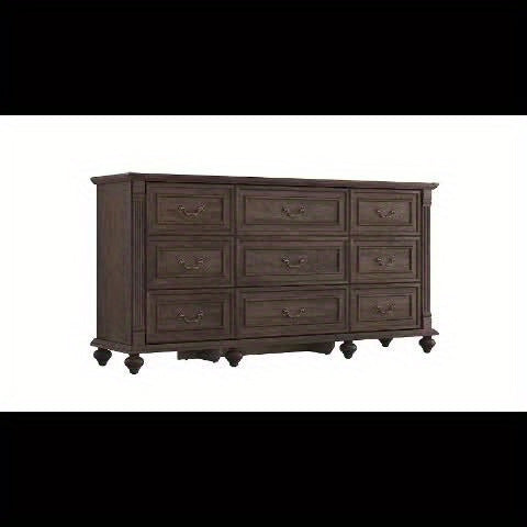 Farmhouse 63in Wide 9 Drawers Dresser with 6 Gourd Feet And Roman Column Decor, Bedroom Furniture, Storage Solution, Classic Design, Elegant Furniture, Mdf Material, Durable Wood, Wide Storage, Spacious Dresser