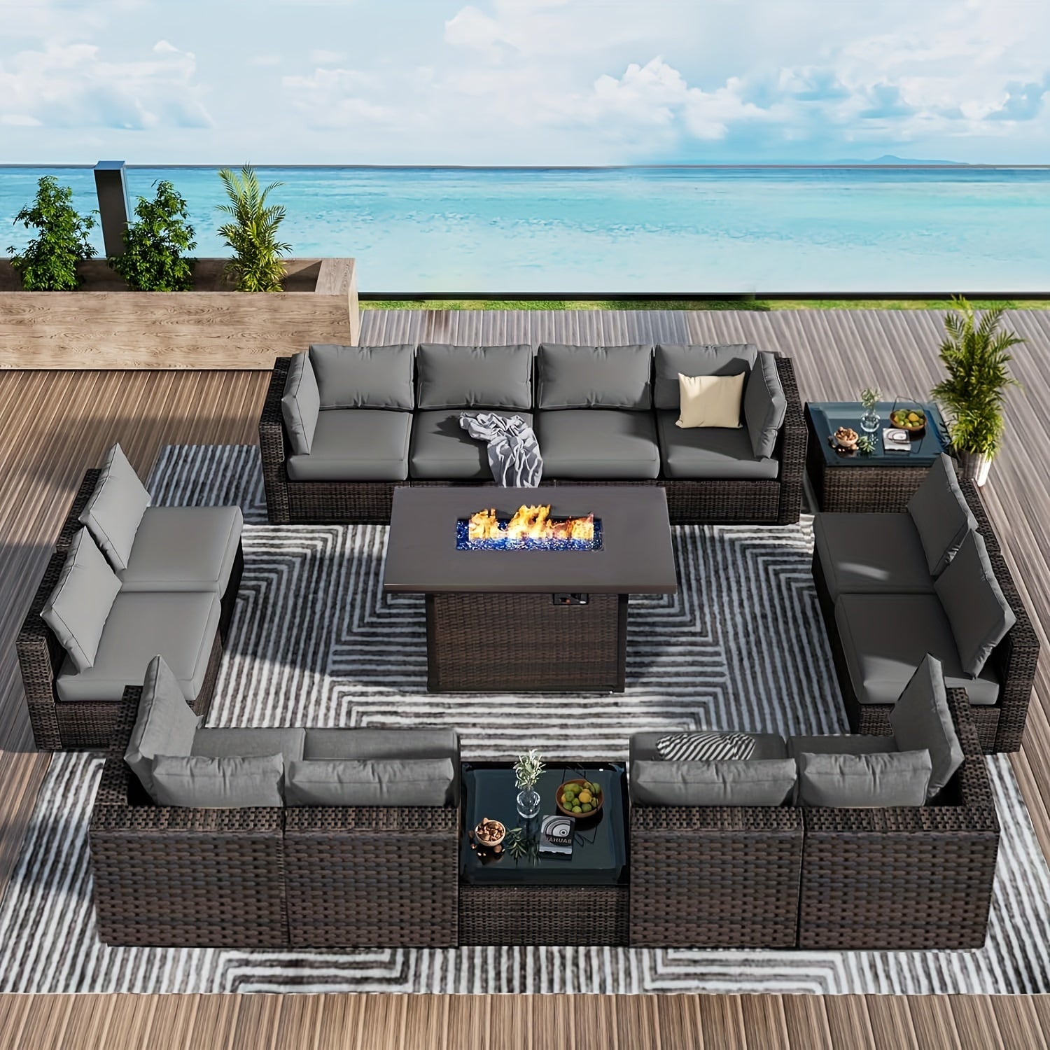 15pcs Patio Furniture Sectional Sofa 50000 BTU Propane Gas Fire Pit Table, Outdoor PE Rattan Patio Conversation Set with Glass Coffee Tables And Cushions for Garden, Poolside, Backyard, Patio Table And Chair Set, Outdoor Pati