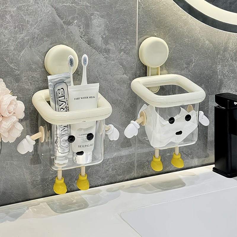 DIY Creative Cute Toothbrush Holder, Wall-Mounted No-Drill Suction Cup for Home Use, Bathroom Toothpaste Toothbrush Electric Toothbrush Cosmetic Organizer, Razor Makeup Brush Hanging Storage, High-End Multifunctional Transpar