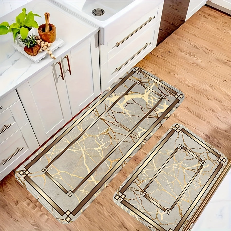 2/3pcs Spring Summer Kitchen Decor Mat Set, Marble Style Gold Plated Printed Floor Mats for Home & Laundry Room Entrance Doorway – Absorbent Lightweight Washable Easter Mother's Day Valentine’s Gift, Kitchen Floor Mats, K