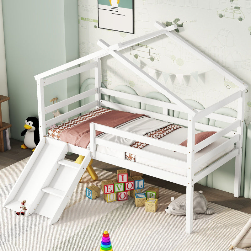 GINOST Twin Low Loft House Bed with Slide & Ladder - White Wooden Frame, Safety Guardrails, Built-in Storage Shelves, Contemporary Bedroom Furniture, Easy Assembly, No Power Needed, Bedroom Furniture, Playful Design, Sturdy C