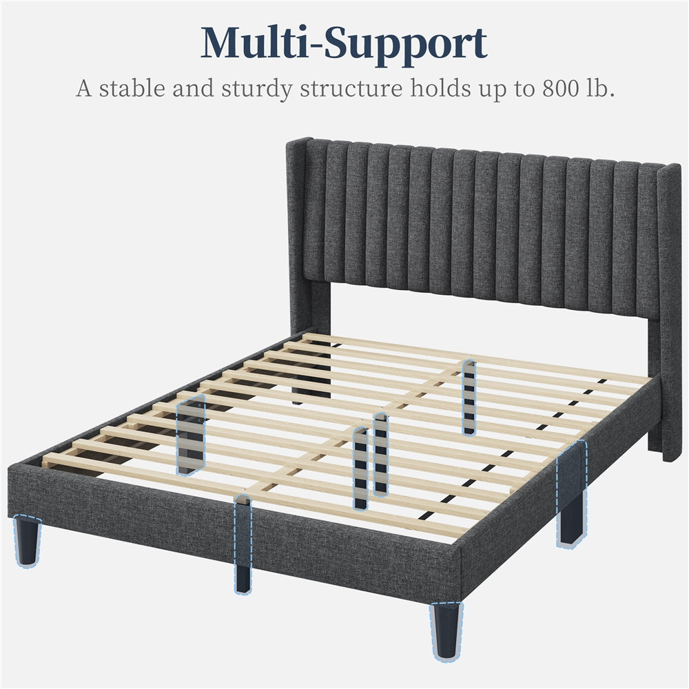 Costoffs Upholstered Bed Frame Full/Queen/King Size, Winged Headboard, Non-Slip, Noiseless, Wooden Slats, Bedroom Furniture, Easy Setup, No Box Spring Required, Installation Guide Included