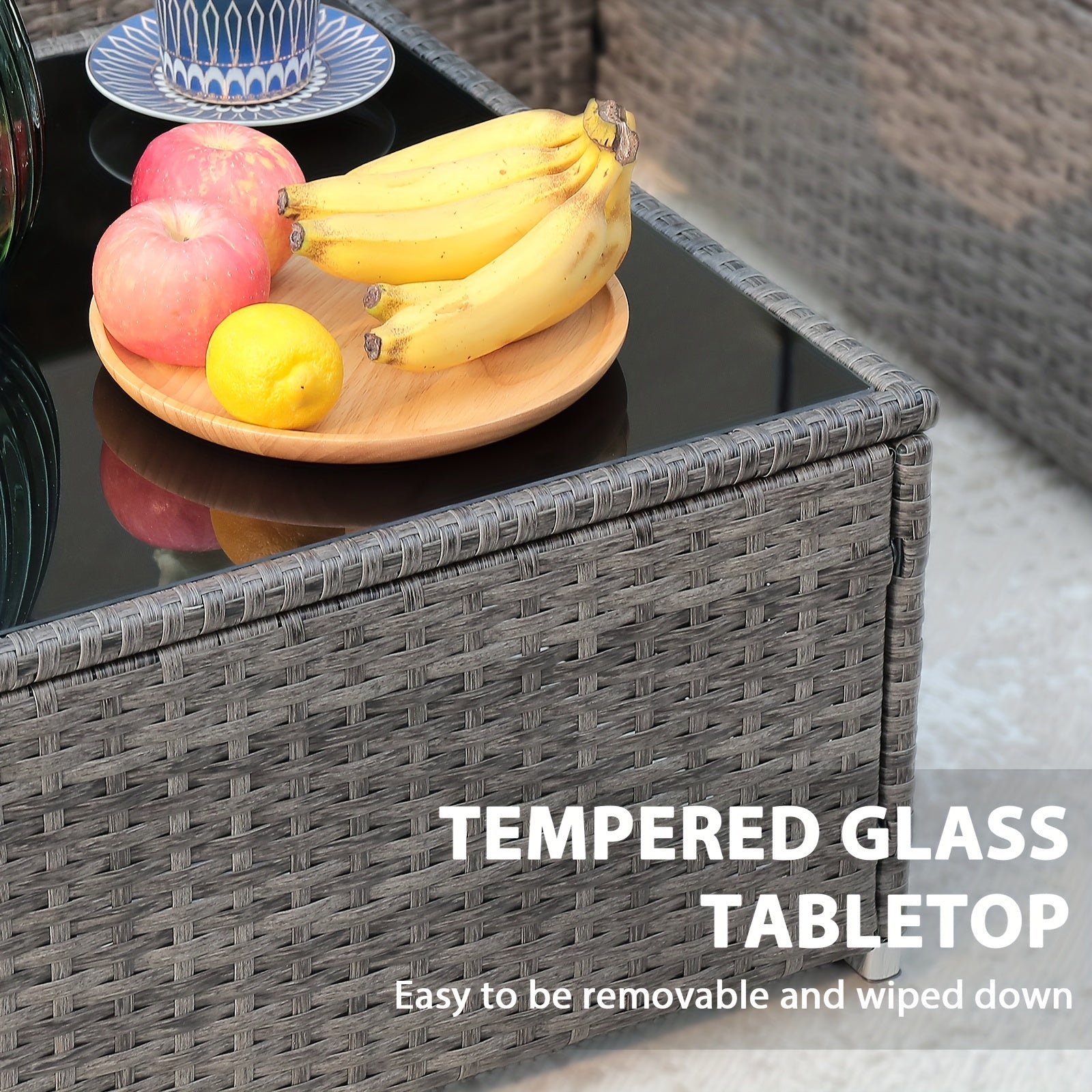 All-Weather Wicker Patio Furniture Set - Includes Sectional Sofa, Chaise Lounge & Glass Coffee Table | Durable Rattan with Metal Frame for Deck, Balcony, Porch | Grey