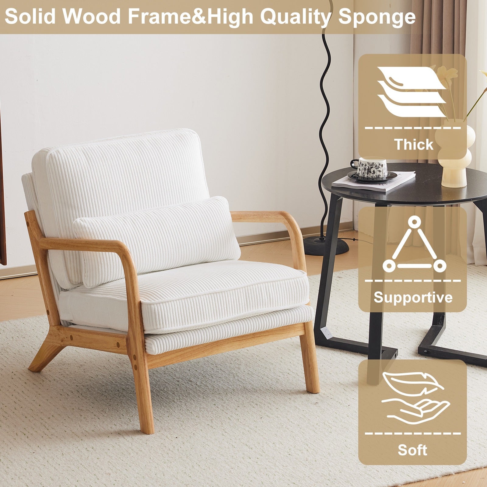 2-Pack Premium Corduroy Accent Chairs, Upholstered Arm Chair, Solid Wood Comfy Reading Chair with Lumbar Pillow, Mid Century Modern Chairs for Living Room,Bedroom