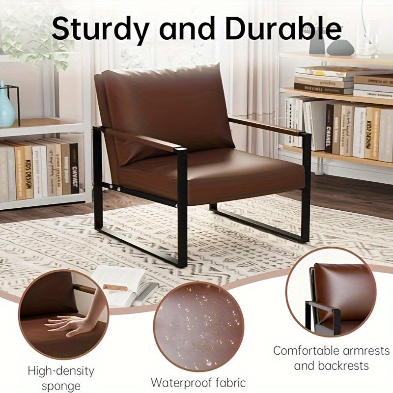 DKLGG Mid-Century Modern Accent Armchair, Classic Single Sofa Chair with Frame Metal and Extra-Large Ergonomic Cushion, Leather Accent Chairs Anti-Scratch Foot Mats for Living Room, Brown