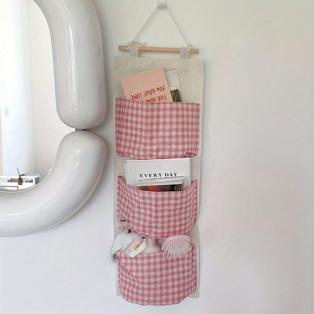 1pc Large Capacity Pink Plaid Hanging Storage Bag - Multifunctional, Waterproof, Breathable Fabric Organizer with Multiple Compartments for Home Organization, Clothes Organizer Storage