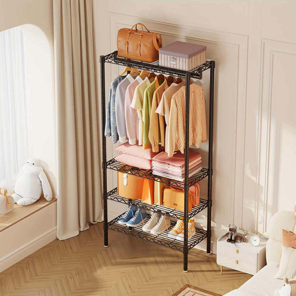 Clothes Rack Heavy Duty Metal Garment Rack With Shelves, Wardrobe Clothes Organizer, Hanging Closet Organizer For Storage, Free Standing Closet Shelves And Coat Rack, Clothes Drying Rack With Rolling Wheels, Kids Hangers And