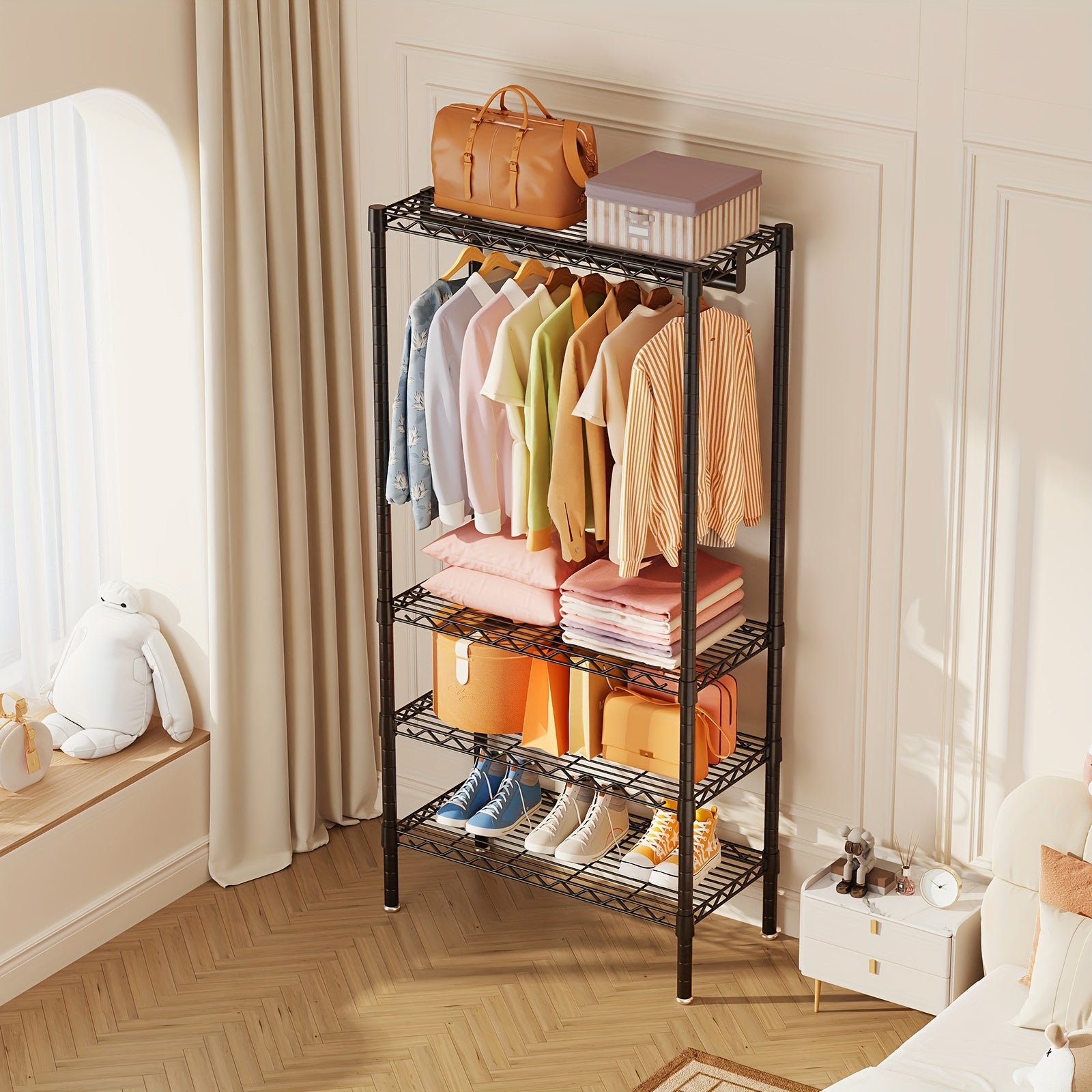 Clothes Rack Heavy Duty Metal Garment Rack With Shelves, Wardrobe Clothes Organizer, Hanging Closet Organizer For Storage, Free Standing Closet Shelves And Coat Rack, Clothes Drying Rack With Rolling Wheels, Kids Hangers And