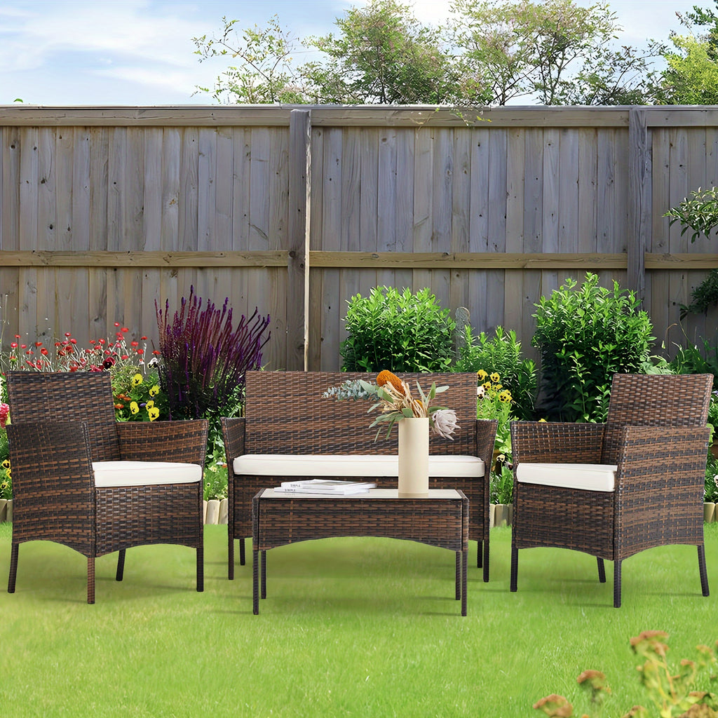 4pcs Patio Furniture Set, Outdoor Wicker Set with Coffee Table, Contemporary Rattan Conversation Patio Chairs with Sofa, Ideal for Garden, Terrace, Porch, Balconies, and Lawns, Brown