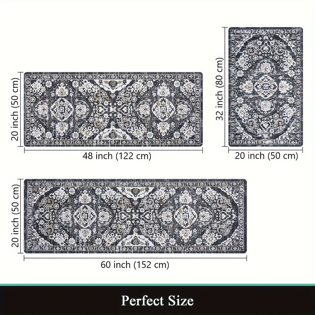 3-Piece Rubber Kitchen Mat Set - Non-Slip, Waterproof, and Stain-Resistant Kitchen Floor Mats for Home Kitchen - Gray/Brown, 20"x32"+20"x48"+20"x60" - Easy to Clean and Maintain