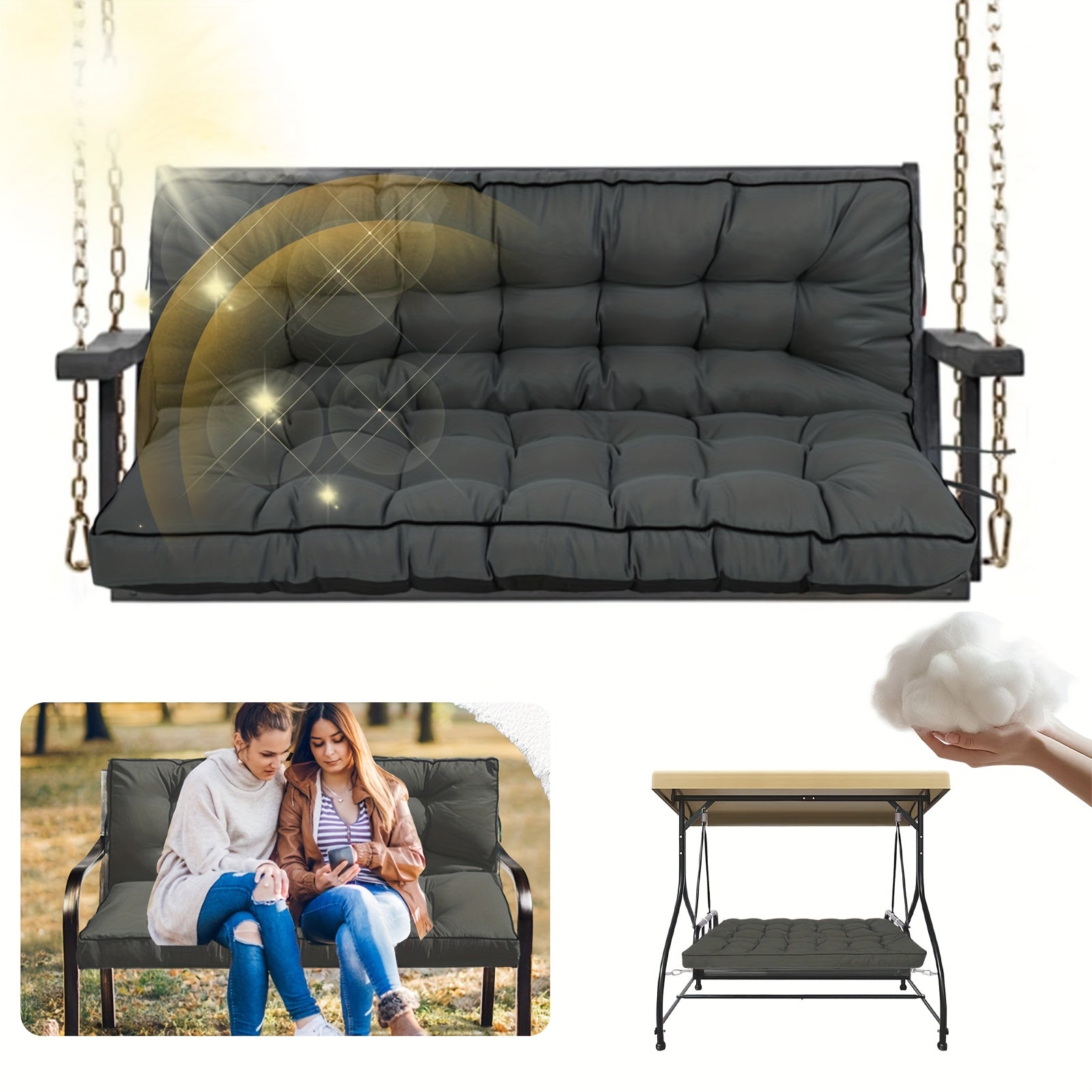 2-3 Seater Waterproof Outdoor Swing Cushions with Turquoise Blue Cushion Cover - Heavy-Duty All-Weather Washable Porch Swing Seat Pad, Sturdy Chain-Fastened Design for Patio,2 Balcony Furniture (Machine Washable, 60x40x4in) -