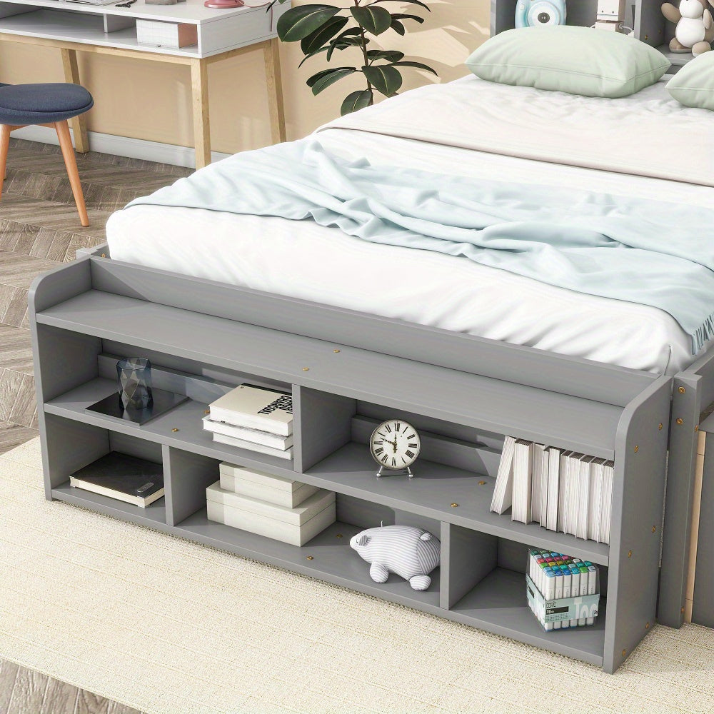 Full Size Bed Frame with Bookcase Headboard, 6-Drawer Storage & Foot Cabinet - Space-Saving Platform Bed, Heavy-Duty Metal Construction, Modern Minimalist Bedroom Furniture for Small Spaces - Easy Assembly Required, Decorativ