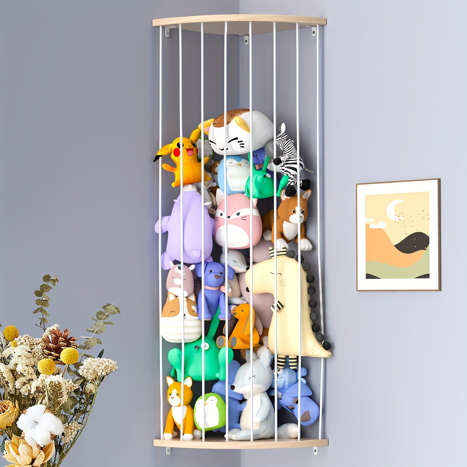 1 Set Large Moon Zoo Toy Shelf - Adjustable Wood Frame Stuffed Animal Organizer - Perfect Corner Hanging Storage for Nursery, Playroom & Bedroom