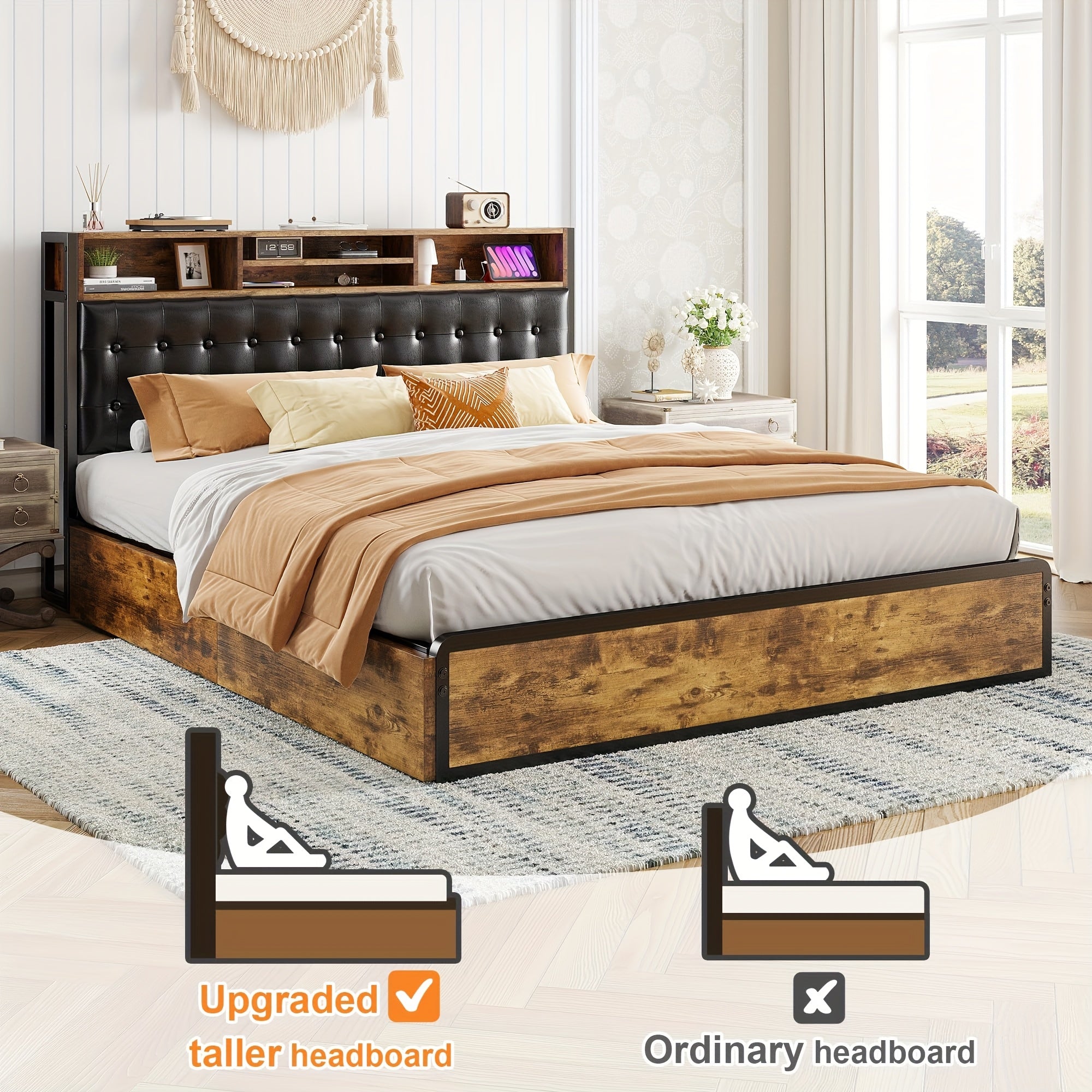 EnHome King/Queen/Full Bed Frame with 4-Tier Storage Drawers & Upholstered Headboard, Heavy-Duty Metal Support, Noise-Free Design, Charging Station (US Plug), No Box Spring Needed, Vintage Brown - Easy Assembly, Hardwood & Me