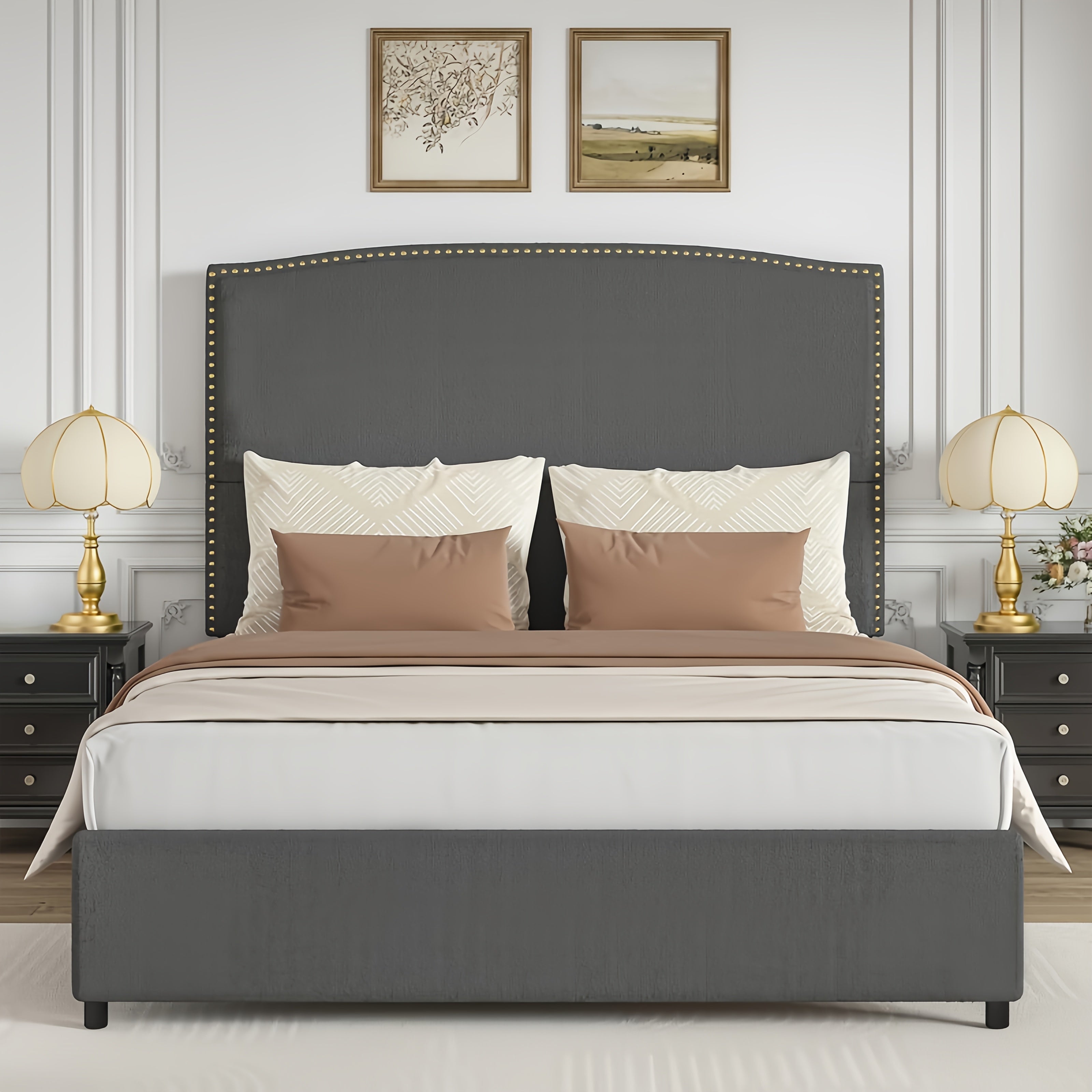 Full Queen King Size Bed Frame with 56" Tall Headboard - Boucle Upholstered Platform Bed with Nailhead Trim, Grey/Beige/White, No Box Spring Needed, Easy Assembly, Hardwood Frame Contemporary Bedroom Furniture, Home Decor, Mo