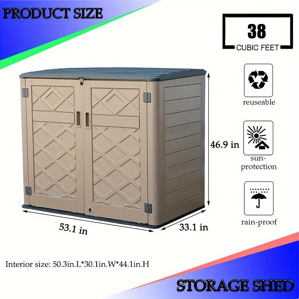 European-style Double-layer Resin Outdoor Storage Shed with Lockable Waterproof Storage Boxes. Ideal for Organizing Patio Furniture, Gardening Tools, Pool Equipment, The Perfect Holiday Gift for Christmas And Thanksgiving