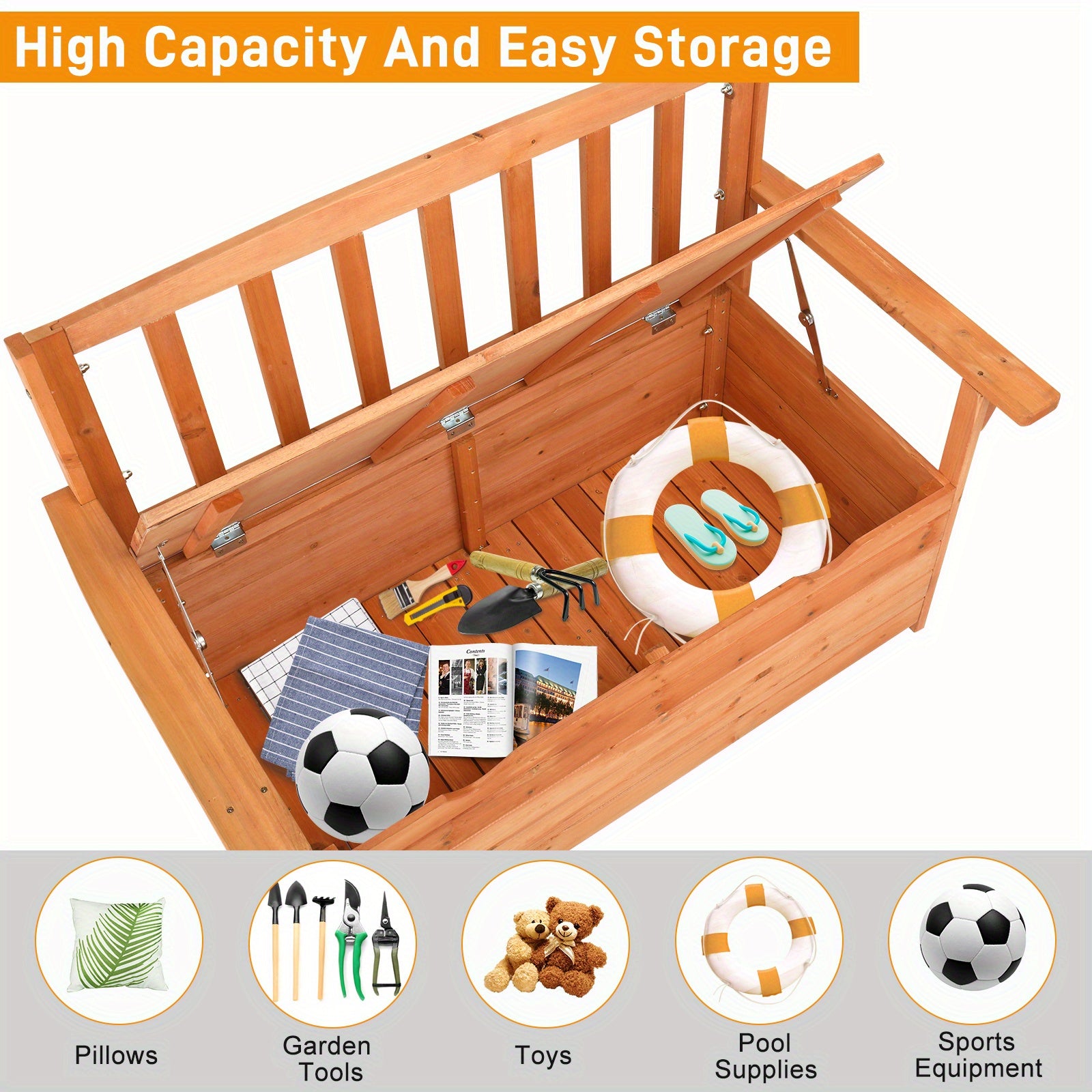 Extra Large 44" Solid Wood Storage Ottoman with Backrest & Armrests - Heavy-Duty 440lb Weight Capacity, High Quality Cover Compatible, Multi-Functional Patio Garden Furniture, Sturdy Construction for Deck, Backyard, or Poolsi