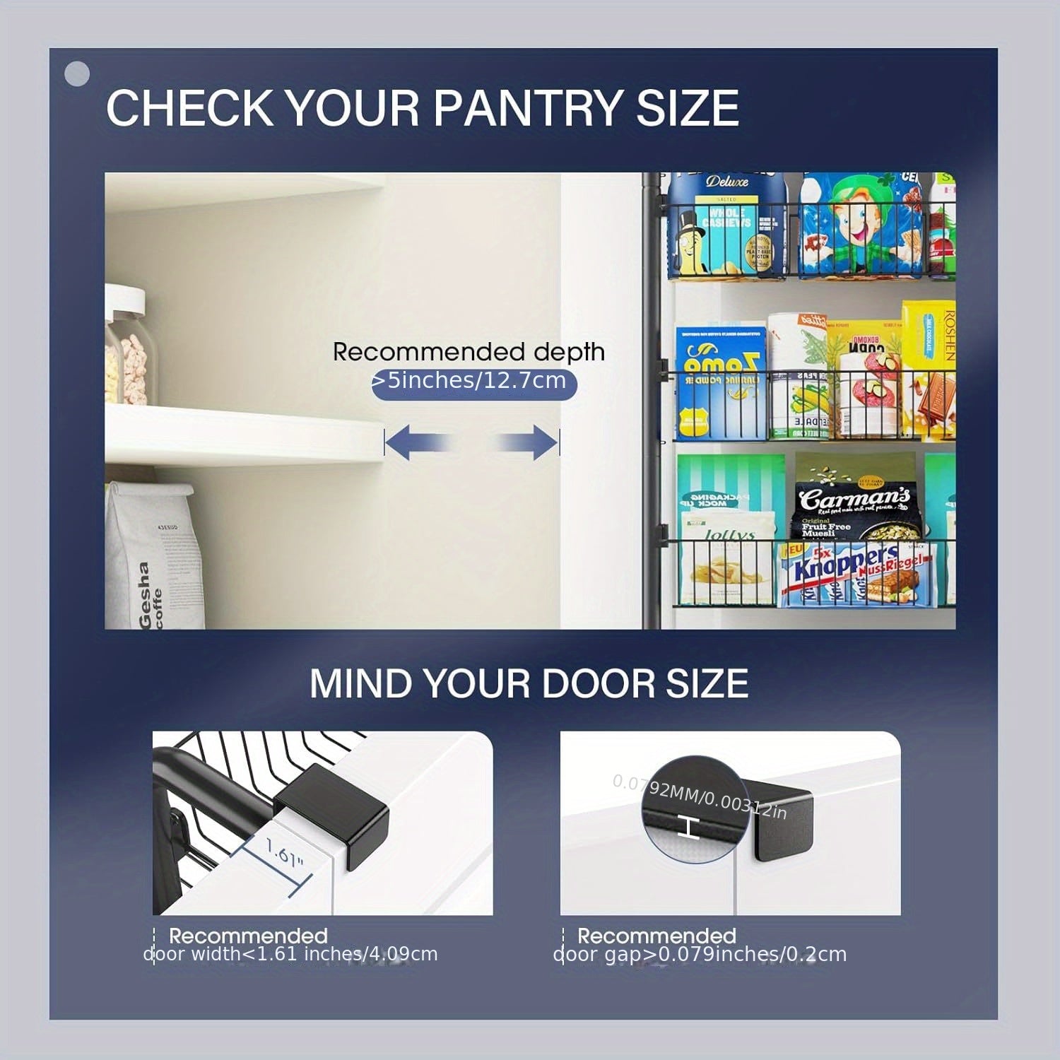 8-Tier & 6-Tier Over-the-Door Pantry Organizer - Versatile Black Metal Hanging Storage Rack for Kitchen, Laundry, Bathroom - Space-Saving Design with Clear Seamless Tape, Scratch-Proof Stickers, Pantry Organization | Versatil
