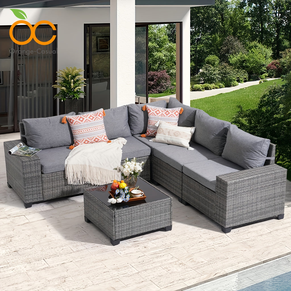 6-Piece Outdoor Patio Furniture Set: Wicker Sofa with Coffee Table, Powder-Coated Frame & Handwoven PE Rattan for All-Weather Durability, Ideal for Family Reunions