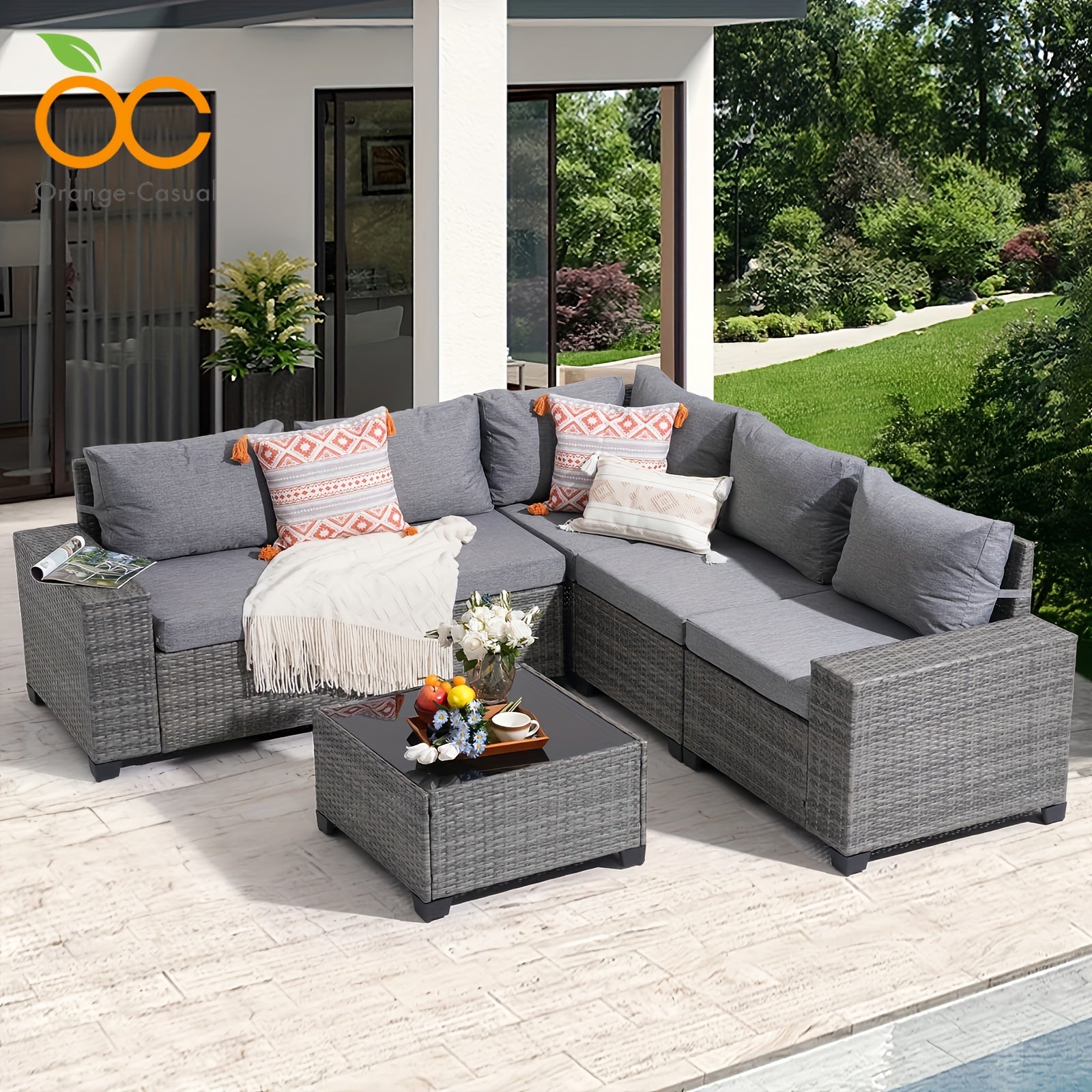 6-Piece Outdoor Patio Furniture Set: Wicker Sofa with Coffee Table, Powder-Coated Frame & Handwoven PE Rattan for All-Weather Durability, Ideal for Family Reunions