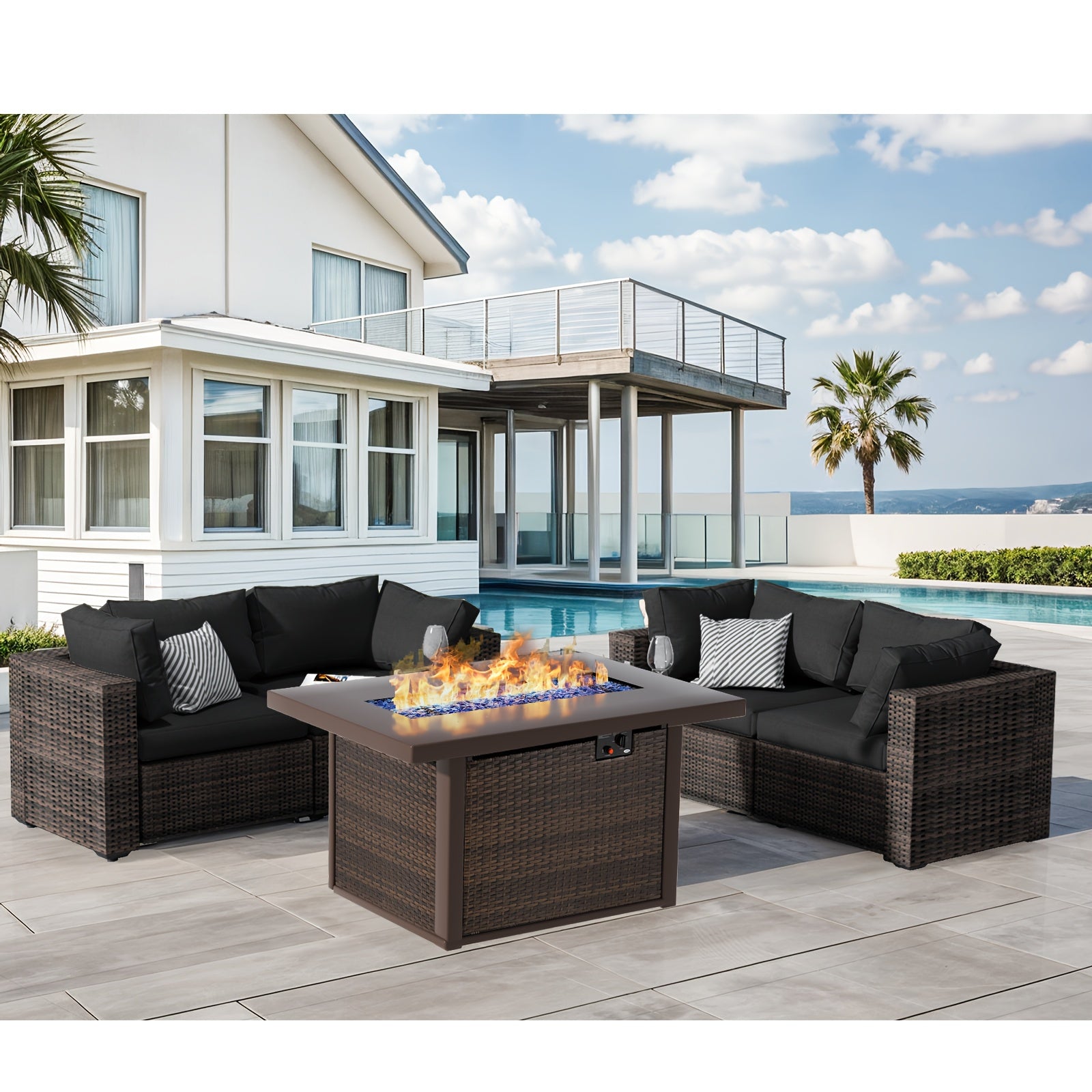 5pcs Patio Furniture Set With Fire Pit Table, All Weather Outdoor Sectional PE Rattan, Patio Conversation Sets With Cushions And Glass Coffee Table For Garden Lawn Balcony