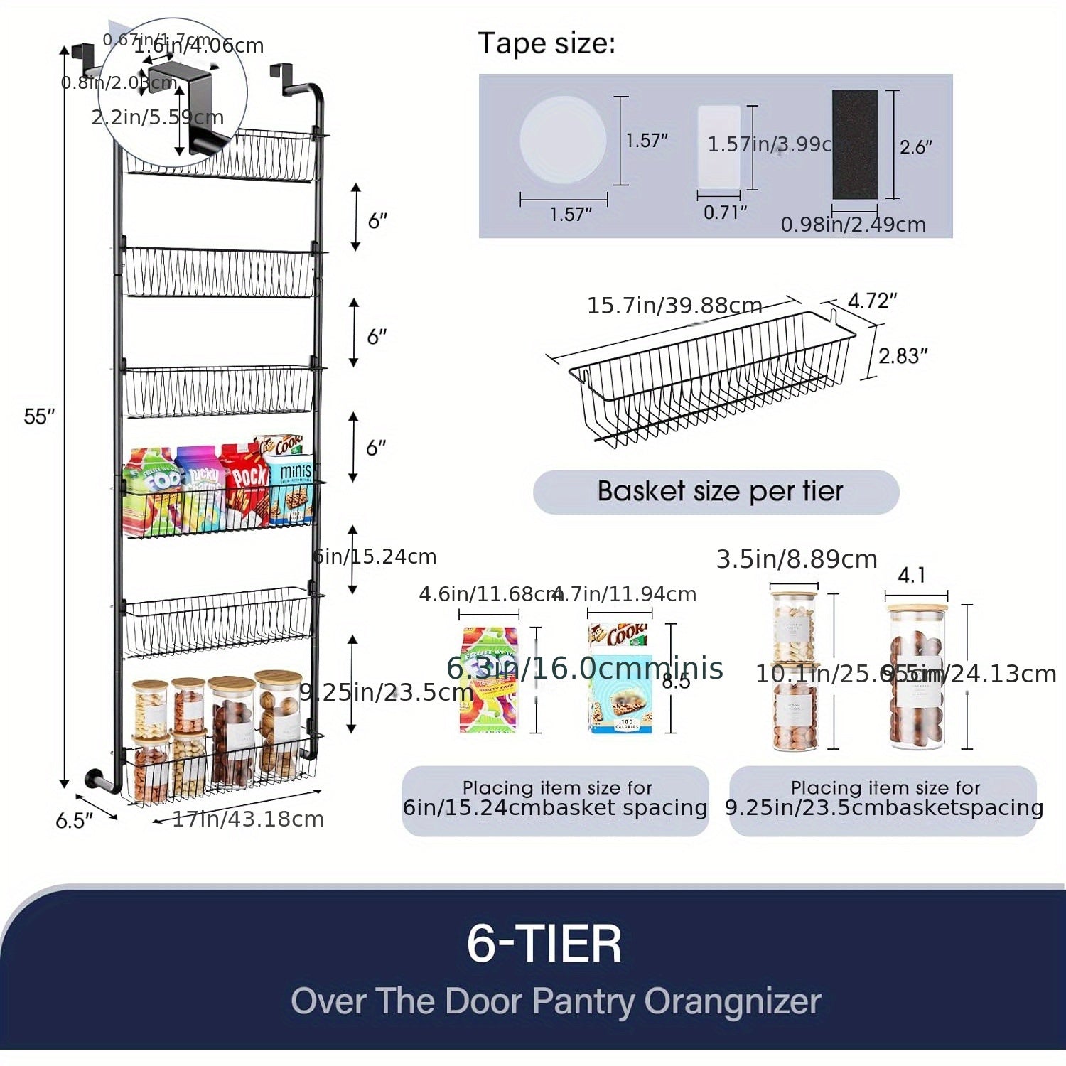 8-Tier & 6-Tier Over-the-Door Pantry Organizer - Versatile Black Metal Hanging Storage Rack for Kitchen, Laundry, Bathroom - Space-Saving Design with Clear Seamless Tape, Scratch-Proof Stickers, Pantry Organization | Versatil