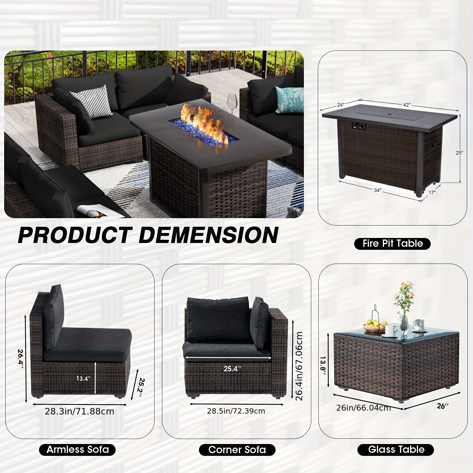 15 piece 15 pieces 15-Piece Black Rattan Patio Furniture Set with Fire Pit Table, Glass Coffee Table, and Cushions for Backyard