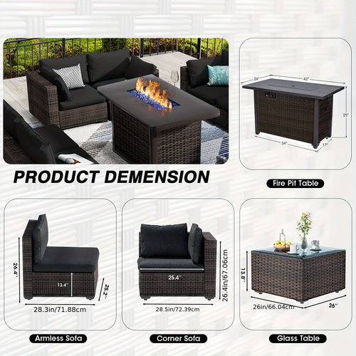 15 piece 15 pieces 15-Piece Black Rattan Patio Furniture Set with Fire Pit Table, Glass Coffee Table, and Cushions for Backyard