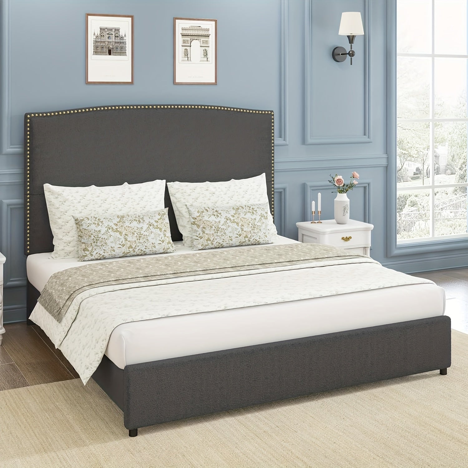 Elegant Queen King Size Bed Frame with 56" Tall Headboard, Boucle Upholstered Platform Bed with Nailhead Trim, Soft Beige/Grey/White Fabric, No Box Spring Needed, Easy Assembly, Classic Hardwood Design for a Luxurious Bedroom