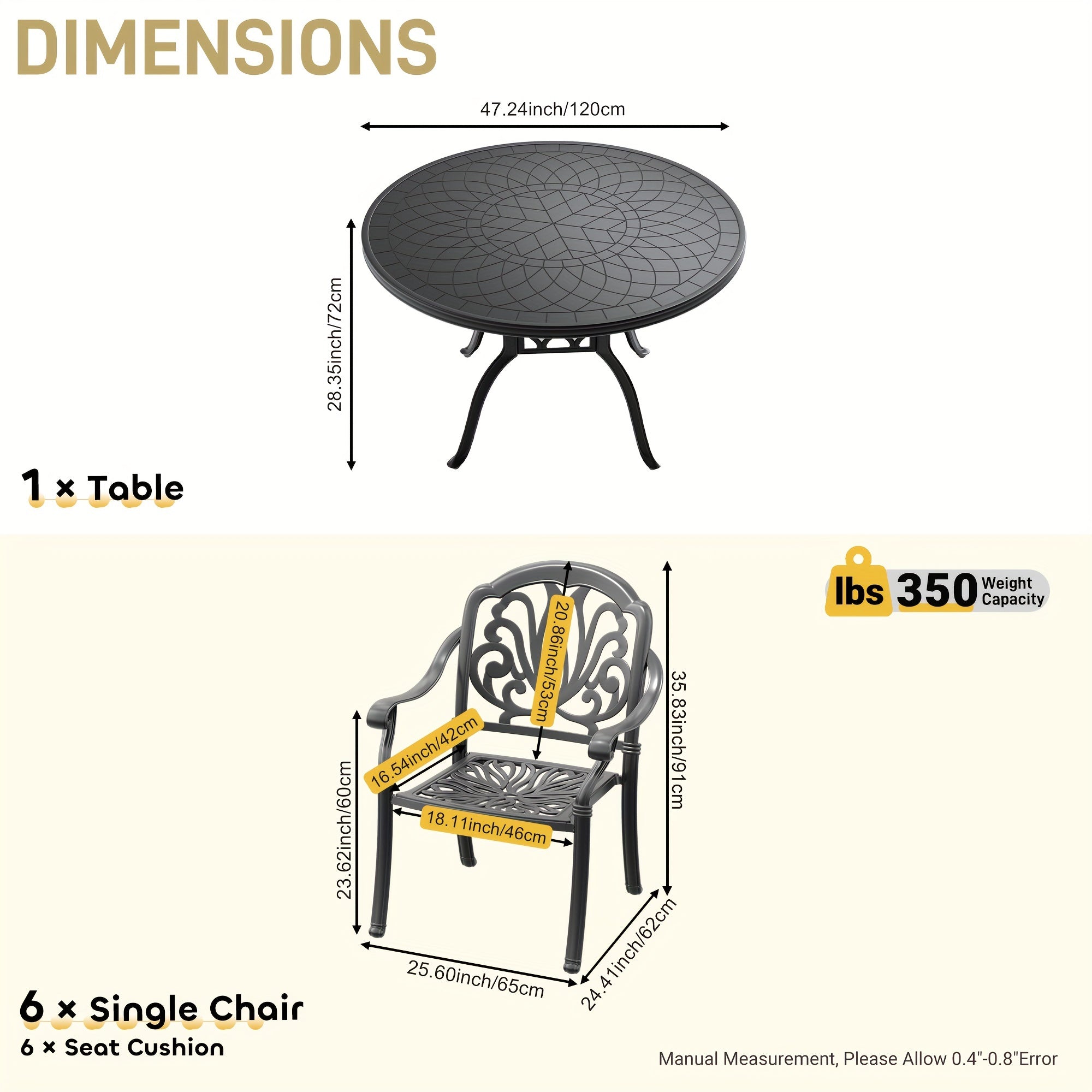 7pcs 47.24 -inch Round Table Cast Aluminum Outdoor Dining Set with Random Color Cushions, Dining Table, Backyard Seating, Patio Furniture, Sleek Design, Contemporary Patio, Sturdy Construction, Durable Metal, Cushioned Seatin