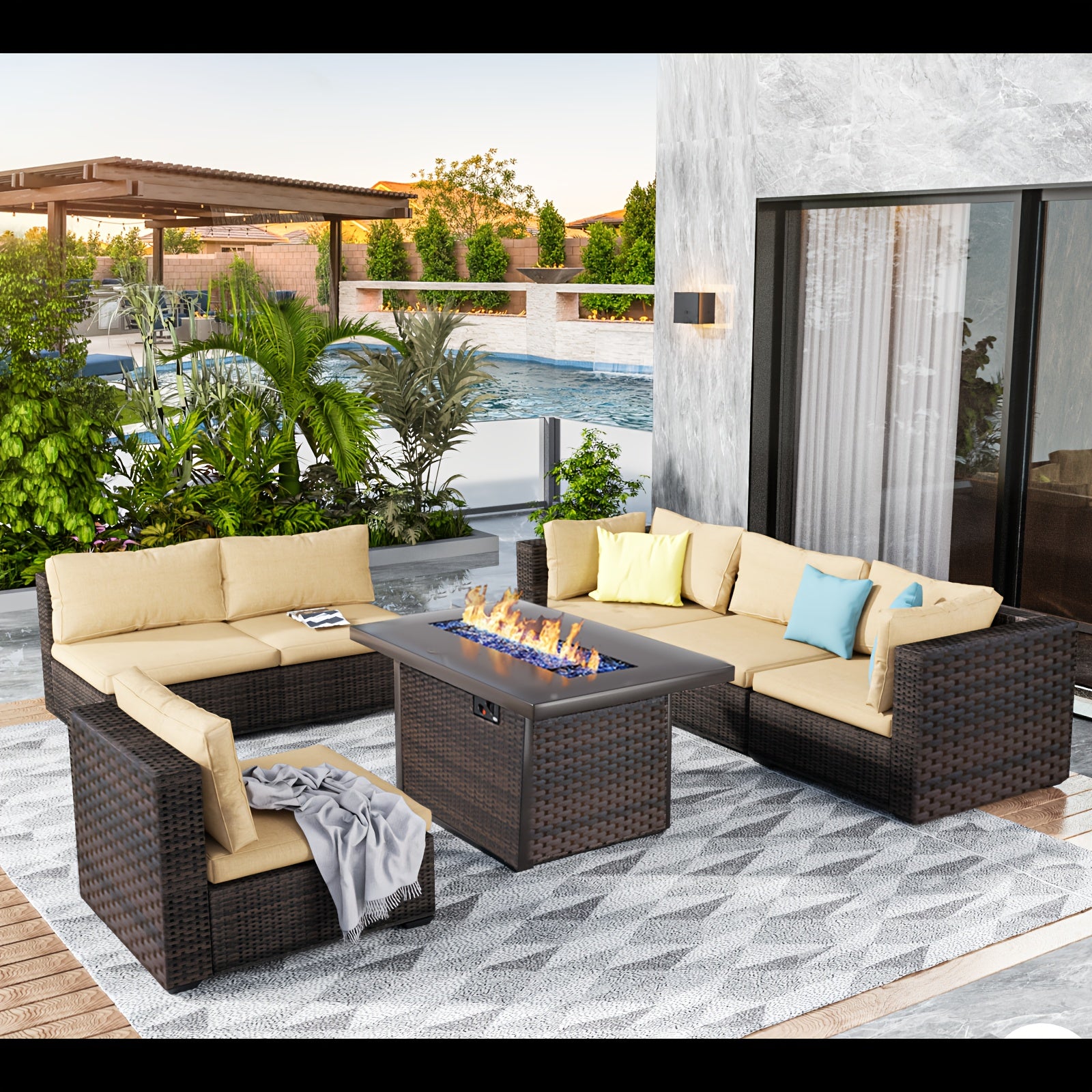 7pcs All-Weather PE Rattan Wicker Outdoor Sectional Patio Furniture Set with Fire Pit Table, Memory Foam Cushions & Brown Tapered Legs - Modular L-Shaped or Straight Configuration, Durable Wicker for Backyard, Garden, Poolsid