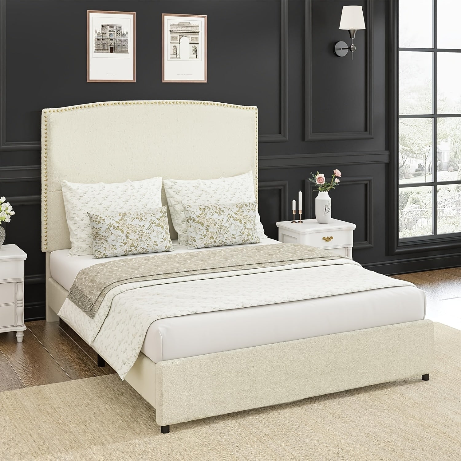 Elegant Queen King Size Bed Frame with 56" Tall Headboard, Boucle Upholstered Platform Bed with Nailhead Trim, Soft Beige/Grey/White Fabric, No Box Spring Needed, Easy Assembly, Classic Hardwood Design for a Luxurious Bedroom