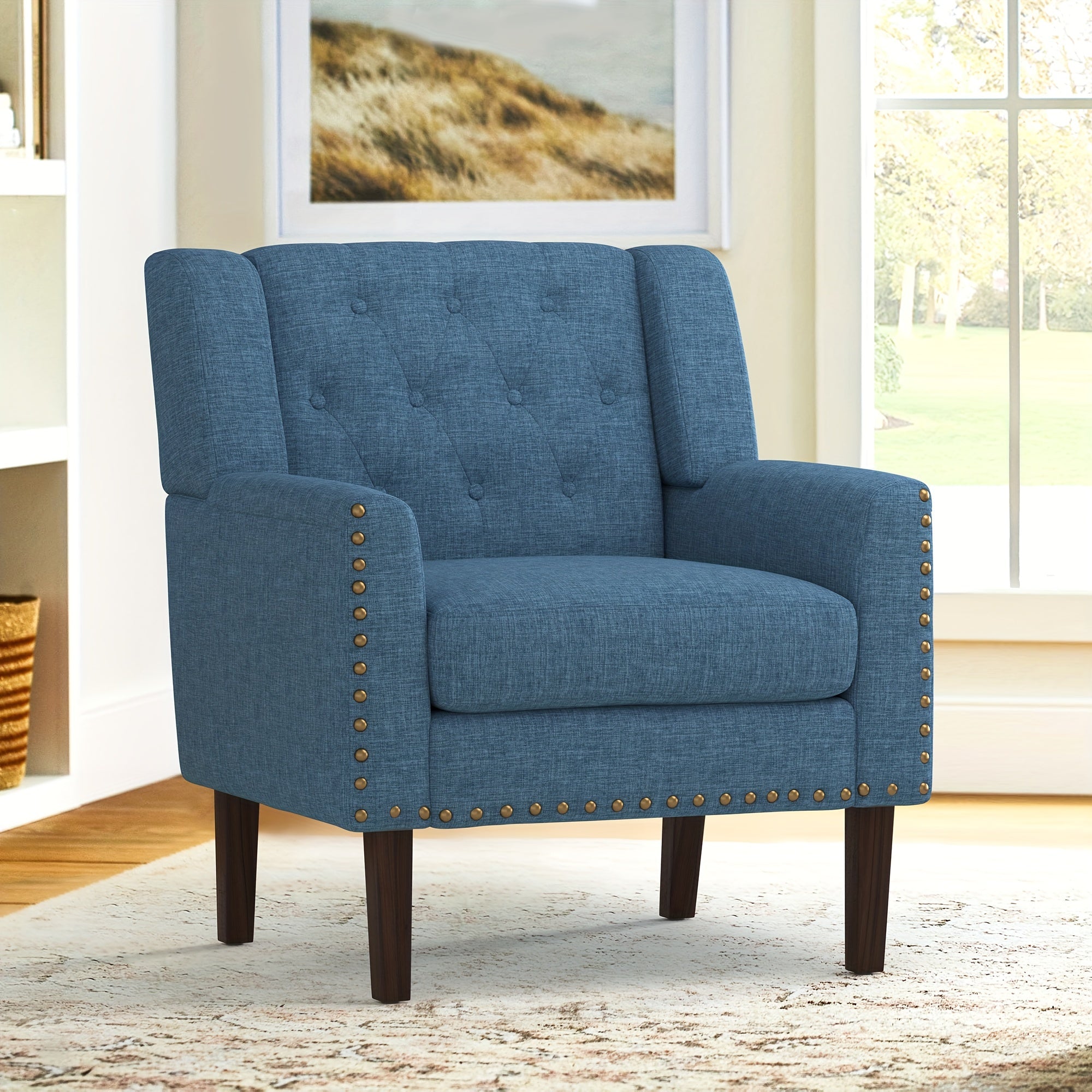 1PCS 350LBS Upholstered Linen Accent Chair, Mid Century Living Room Chair 18.5", Comfy Button Tufted Arm Chair, Accent Chairs For Living Room, Small Spaces, Bedroom,