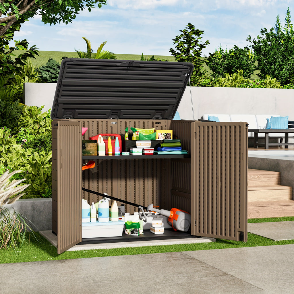 European-style Double-layer Resin Outdoor Storage Shed with Lockable Waterproof Storage Boxes. Ideal for Organizing Patio Furniture, Gardening Tools, Pool Equipment, The Perfect Holiday Gift for Christmas And Thanksgiving