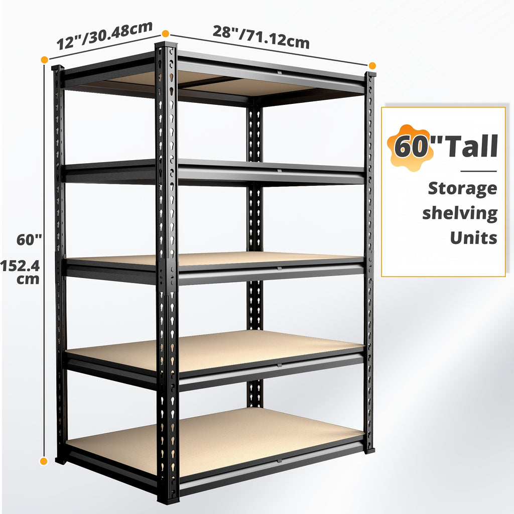 2000LBS Storage Shelves 5 Tier Garage Shelving Heavy Duty, Adjustable Metal Shelving Unit, Garage Shelves for Basement, Warehouse, Pantry, 72.5" H X 35.55" W X 16" D, Black, 60"H×28"W ×12"D, Available In Two Sizes, The Prac