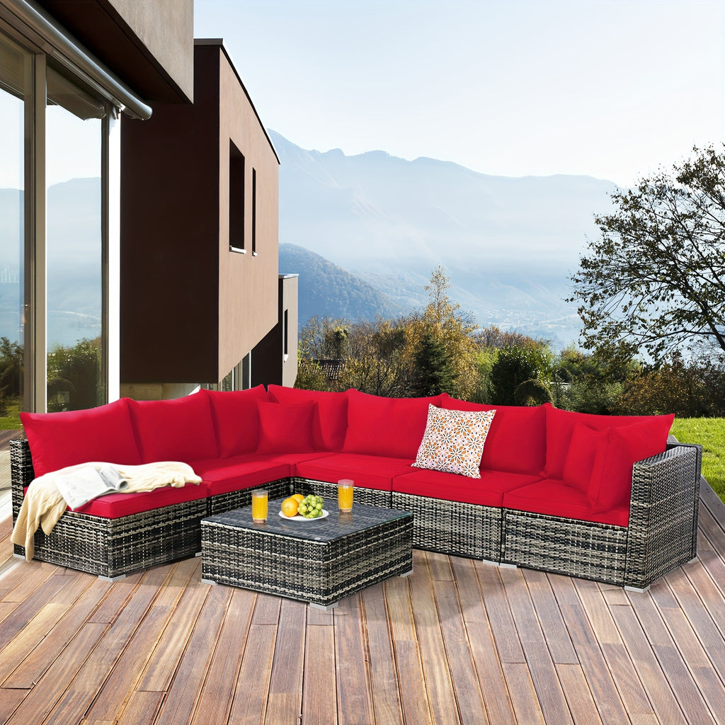 7pcs Outdoor Patio Furniture Set with Red Cushions - Wicker Sectional Sofa, Coffee Table, and Pillows - All-Weather PE Rattan & Anti-Rust Steel Frame for Garden Leisure, Patio Furniture Outdoor