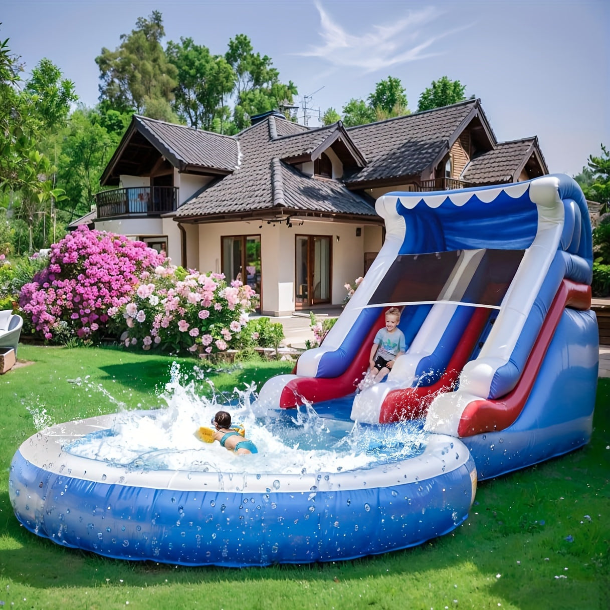 Adult 24-foot Commercial PVC Inflatable Slide Bounce House, Larger Splash Pool And 1100W Power Blower, Backyard Outdoor Patio Furniture With Paddling Pool, Climbing Wall, Christmas And Halloween Gifts