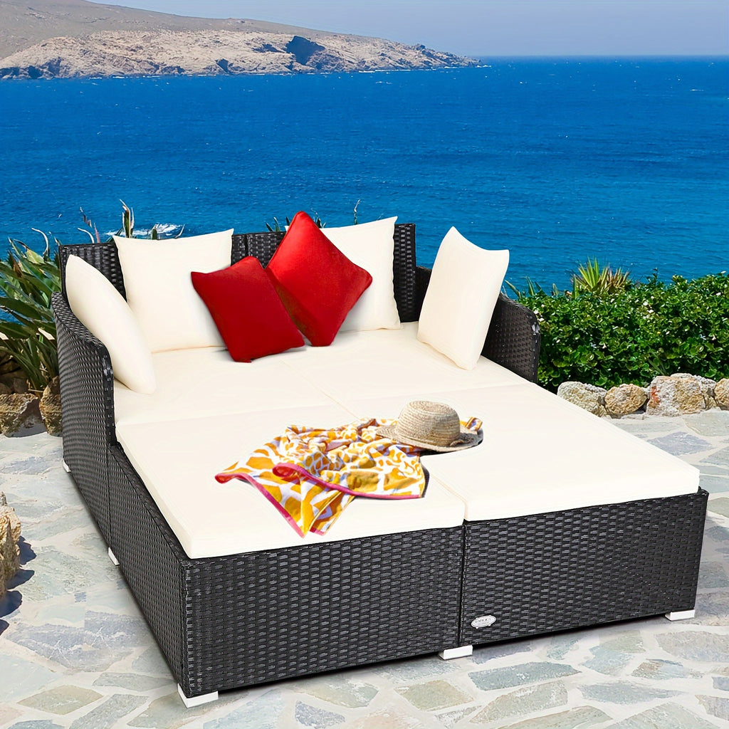 1pc Rattan Daybed With Cushions, Classic Outdoor Patio Furniture, Weather-Resistant Wicker Sofa, Beige – 61x52x27.5 Inches