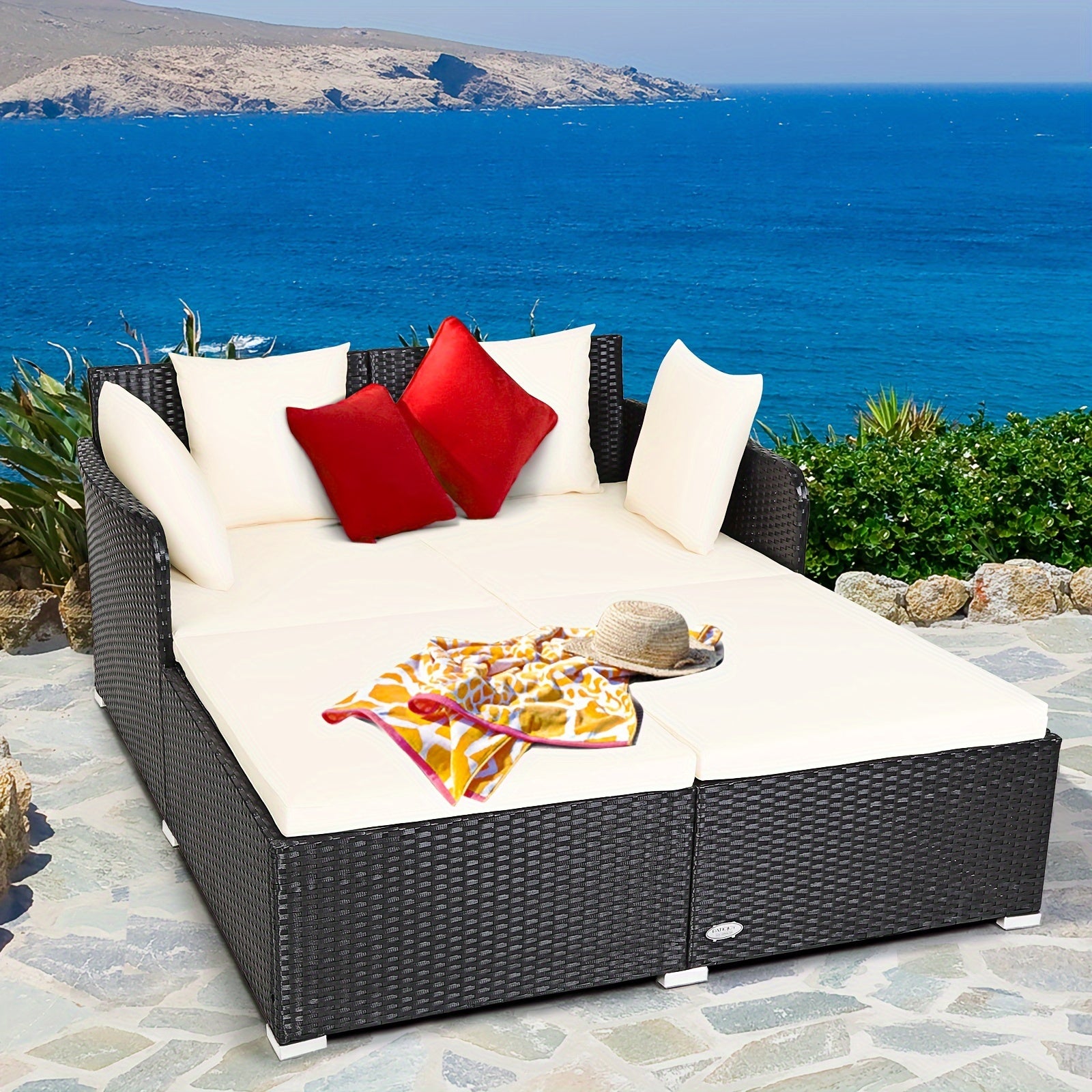 1pc Rattan Daybed With Cushions, Classic Outdoor Patio Furniture, Weather-Resistant Wicker Sofa, Beige – 61x52x27.5 Inches