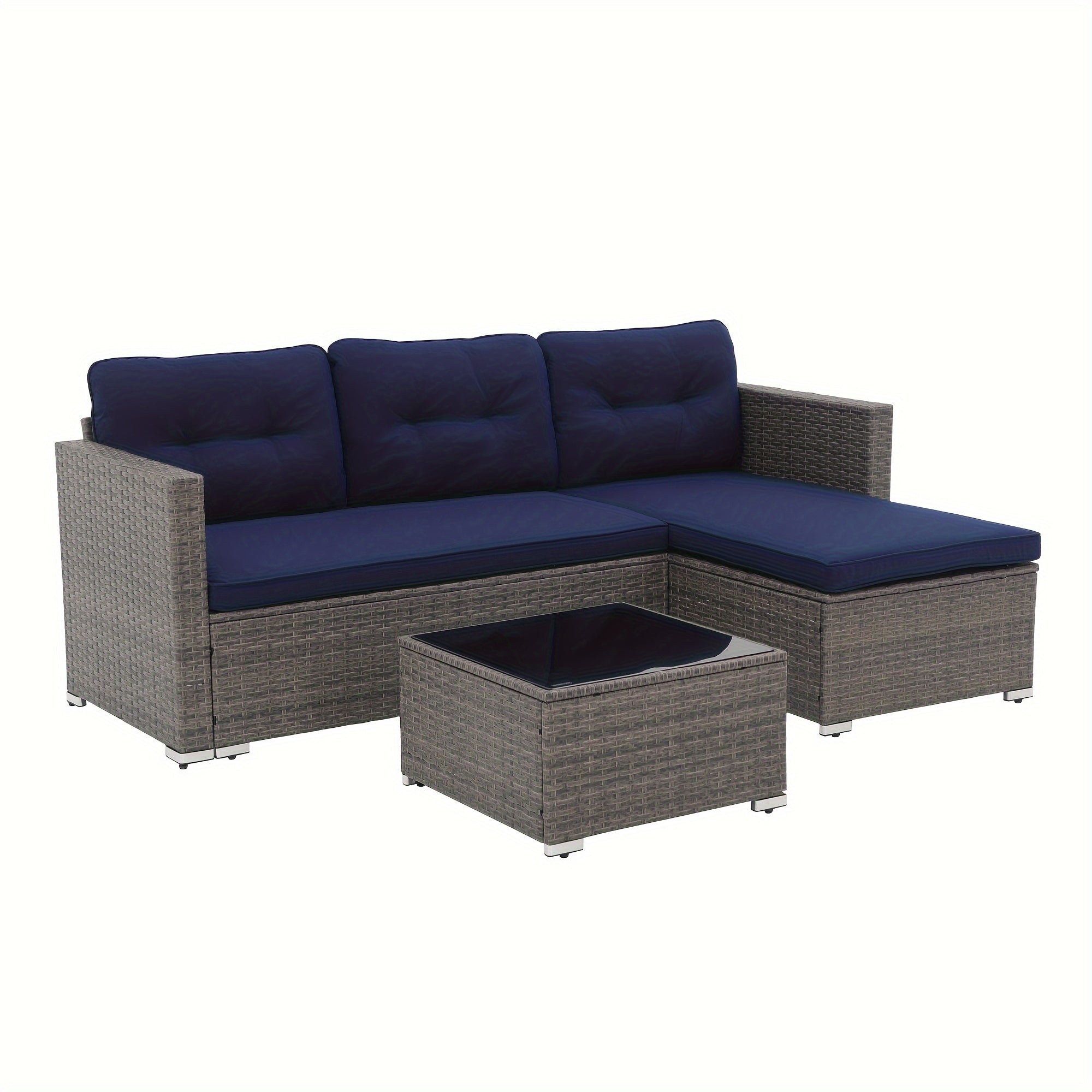 All-Weather Wicker Patio Furniture Set - Includes Sectional Sofa, Chaise Lounge & Glass Coffee Table | Durable Rattan with Metal Frame for Deck, Balcony, Porch | Grey