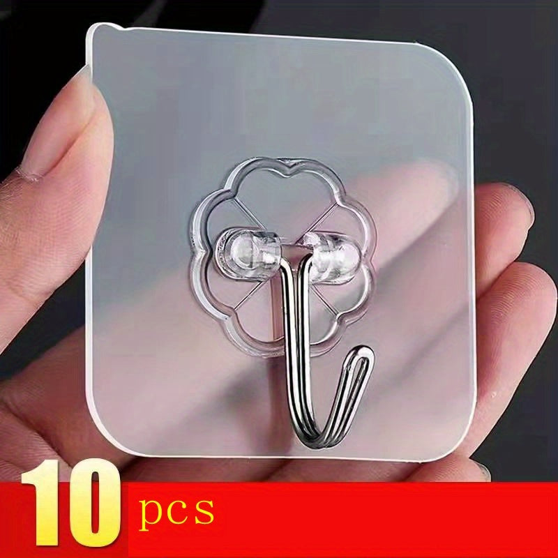 10pcs Strong Sticky Hook, Self Adhesive Wall Hook, Waterproof Hanging Hook, Bathroom Toilet Wall Traceless Storage Hook, Multifunctional Hanging Storage Wall Hook