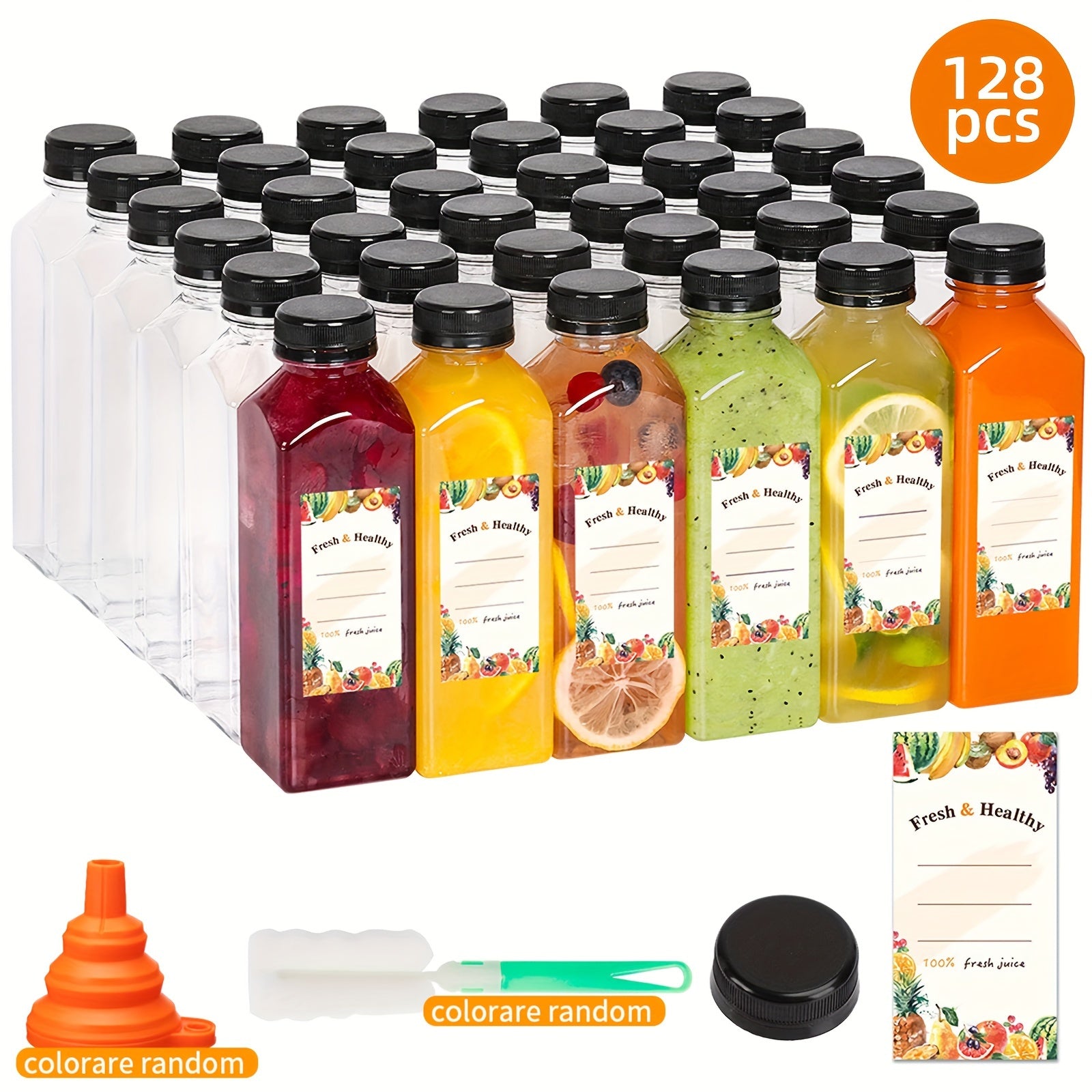 128 empty plastic bottles, 128 tamper-proof black caps, 1 rubber funnel, 1 sponge brush, 16oz Empty Plastic Juice Bottles with Caps, Bulk Clear Beverage Containers for Juicing, Drinking, Milkshake, Tea and Other Beverages