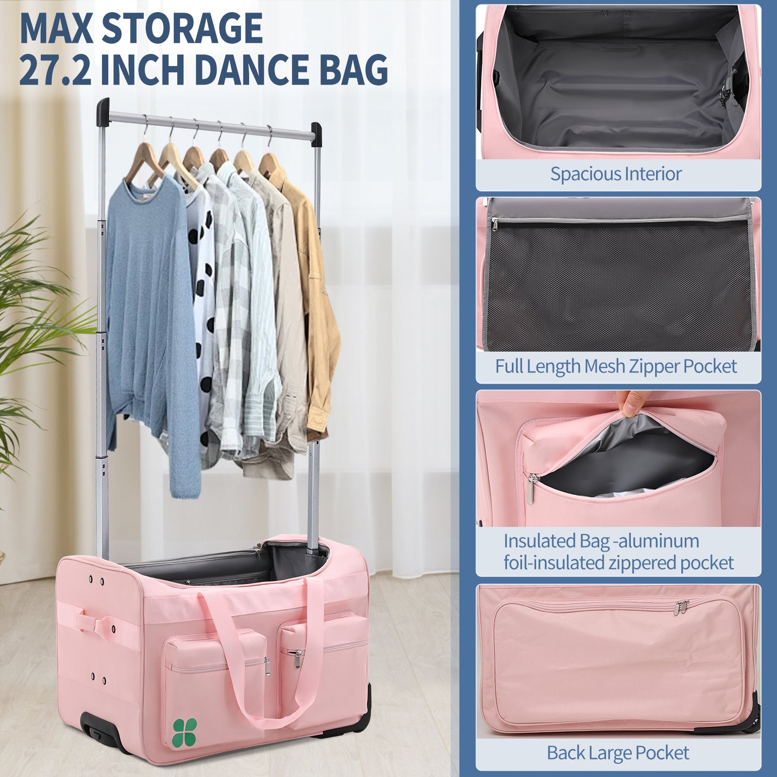 Dance Bag With Garment Rack, 27 Inch Dance Competition Bag Garment Duffel Bag For Competition Events, Travel, Recital Events, Rolling Garment Bag Travel Dance Bag for Girls Boys