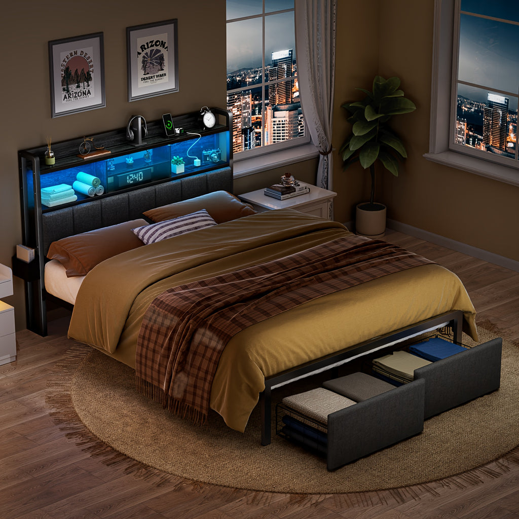 1pc Queen Bed Frame with RGB LED Lighting & Dual USB Ports - Heavy-Duty Platform Bed with 11.8" Deep Storage Drawers, Under-Bed Organization - Modern Bedroom Furniture for Space-Saving Homes - Compatible with US Outlets (125V