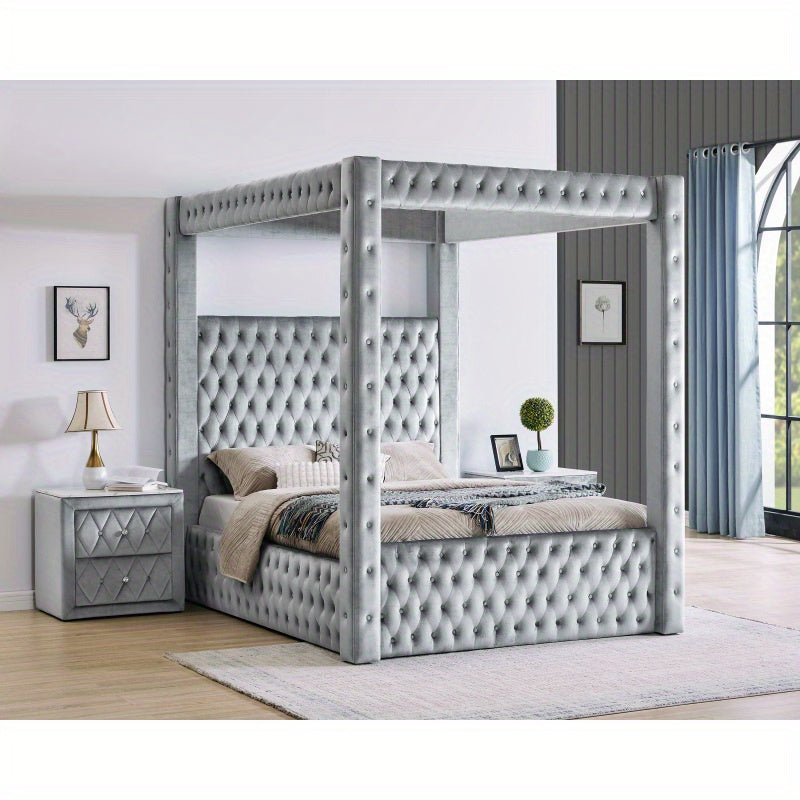 1pc Faux Marble Top Nightstand 2 Drawers Storage Gray Finish Button Tufted Faux Crystal TuftedSuitable for bedroom furniture