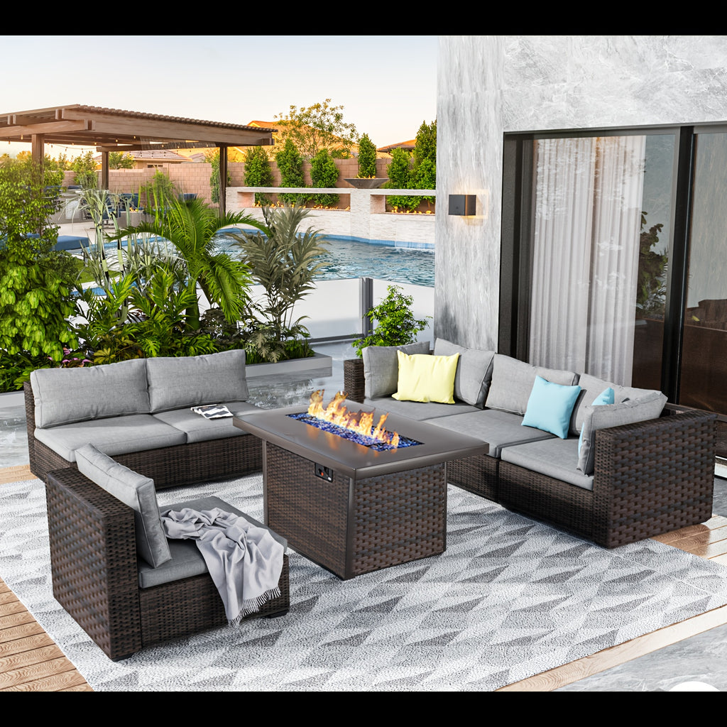 7pcs All-Weather PE Rattan Wicker Outdoor Sectional Patio Furniture Set with Fire Pit Table, Memory Foam Cushions & Brown Tapered Legs - Modular L-Shaped or Straight Configuration, Durable Wicker for Backyard, Garden, Poolsid