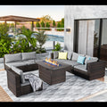 7pcs All-Weather PE Rattan Wicker Outdoor Sectional Patio Furniture Set with Fire Pit Table, Memory Foam Cushions & Brown Tapered Legs - Modular L-Shaped or Straight Configuration, Durable Wicker for Backyard, Garden, Poolsid